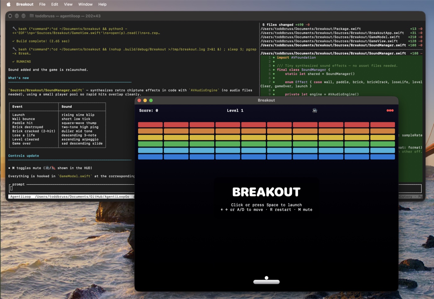 AgentiLoop CLI in the full-screen TUI adding synthesized sound effects to a SwiftUI Breakout game: build complete, game relaunched, a table of events and sounds, and the files-changed pane with the new SoundManager.swift diff