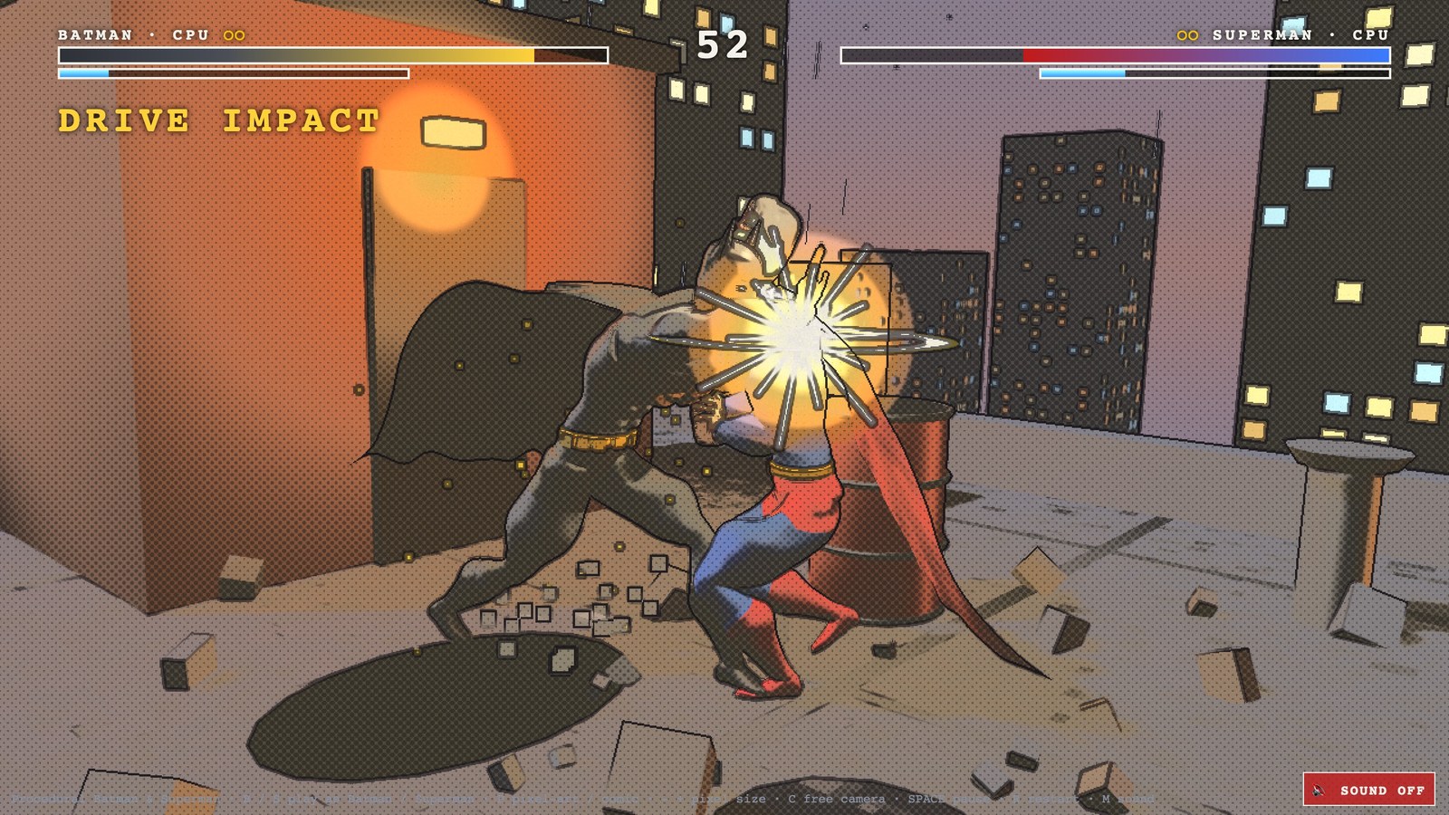 An auto-pilot match: Batman's drive impact landing on Superman at close range on the rooftop.
