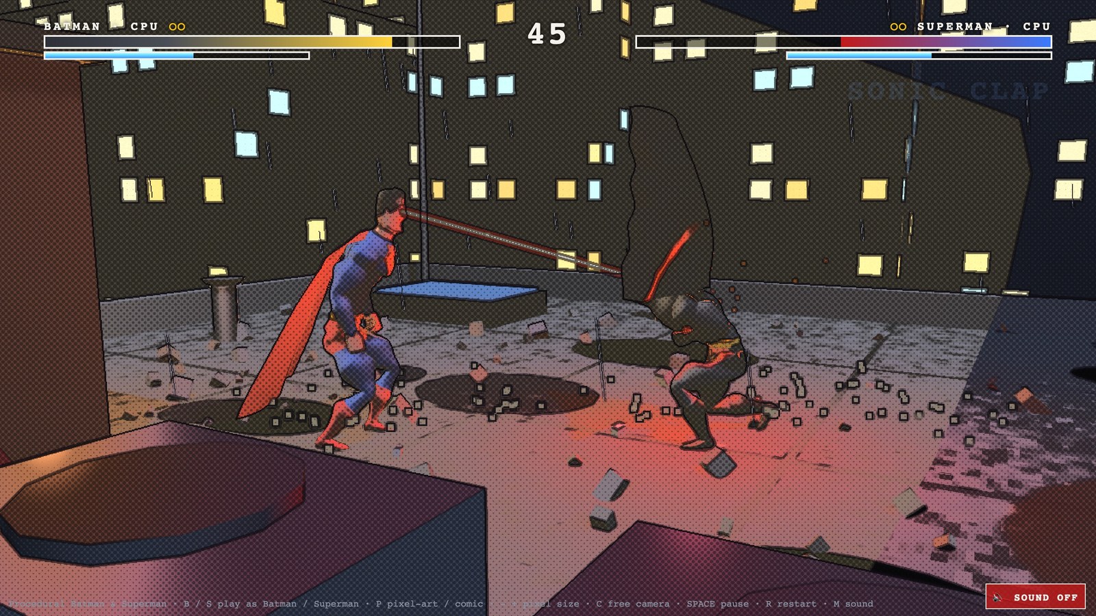 An auto-pilot match: Superman's heat vision burning into Batman across the rooftop.