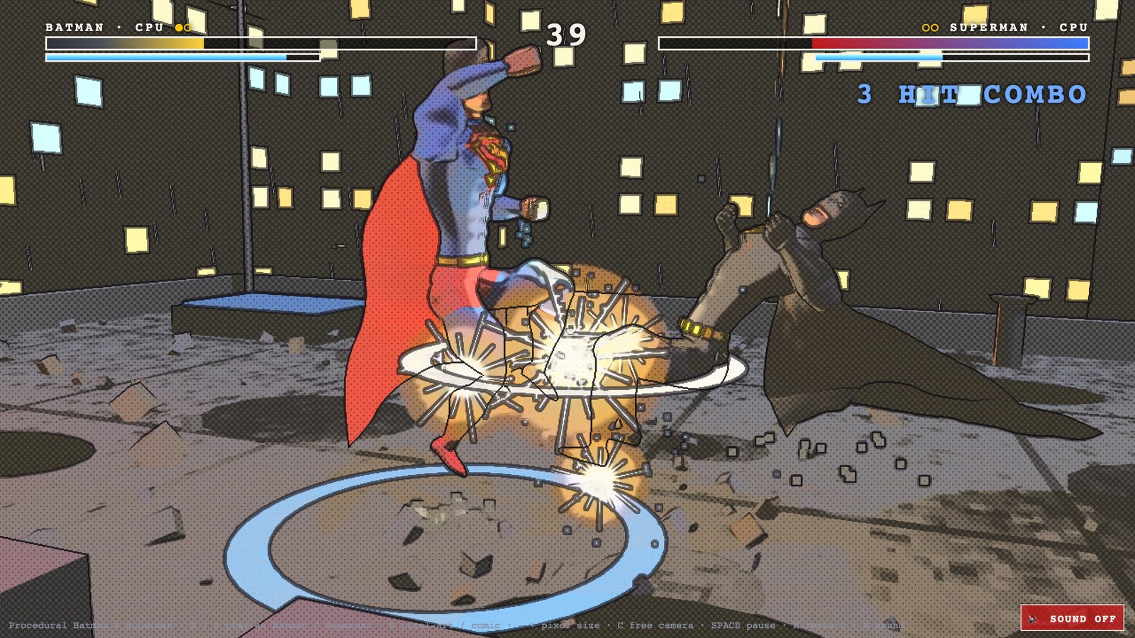 An auto-pilot match: Superman's rising uppercut lifting off the roof as it catches Batman.