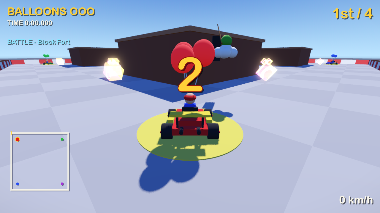 Modo Batalla de GoKart 0.0.2: cuatro karts en sus plataformas de salida en una arena de batalla, cada uno con tres globos atados, y la señal de salida de Lakitu en lo alto.