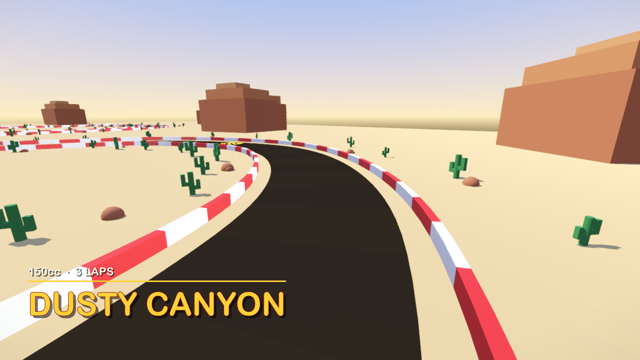 La presentación del circuito de GoKart 0.0.2 para Dusty Canyon: un sobrevuelo de la carretera del desierto con el nombre del circuito DUSTY CANYON y una descripción de una línea en una tarjeta a lo largo de la parte inferior de la pantalla.