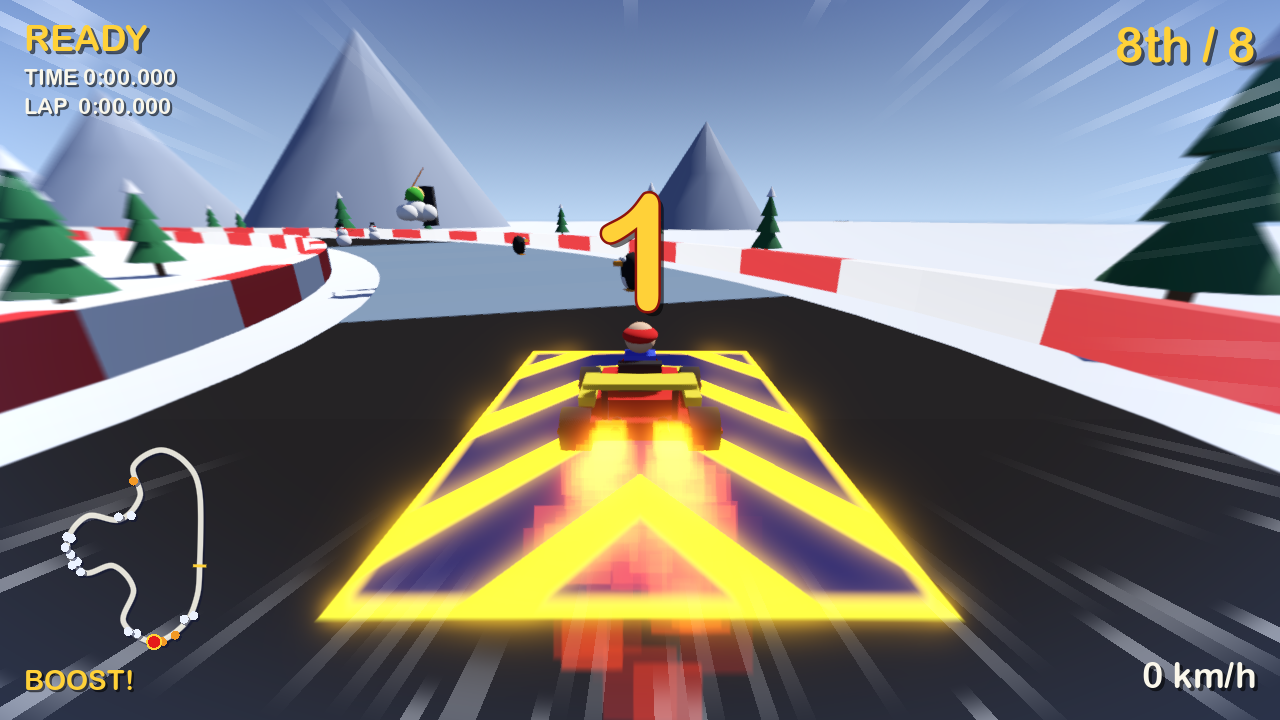 GoKart 0.0.2 en Frosty Peaks: un pingüino deslizándose sobre su barriga por el hielo azul blanquecino pálido de la larga curva abierta por delante del kart del jugador.