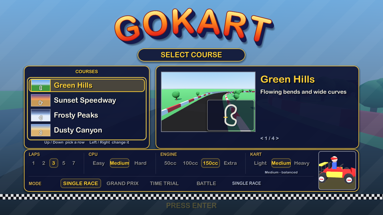 La pantalla de selección de GoKart 0.0.2: el logo GOKART arriba, una lista de circuitos a la izquierda con una pequeña imagen junto al nombre de cada circuito y la fila elegida iluminada, una imagen en vivo del circuito con el contorno del mapa en su esquina a la derecha, filas de píldoras de opciones para vueltas, CPU, clase de motor, peso del kart y modo, y el kart del jugador girando en una pequeña ventana de retrato, todo sobre la demo de atracción atenuada.