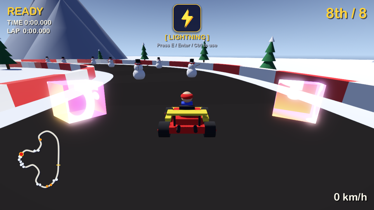 GoKart 0.0.2 en Frosty Peaks: el kart del jugador a la entrada de un campo de muñecos de nieve dispuestos en filas escalonadas sobre la carretera blanca como la nieve, cada uno con bufanda roja, sombrero de copa y nariz de zanahoria, bajo un cielo crepuscular azul oscuro.