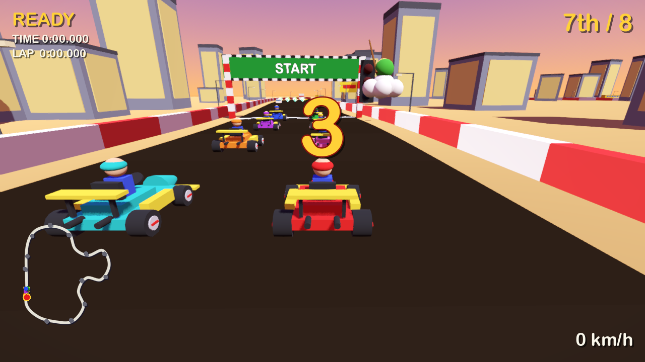 GoKart 0.0.2 en Sunset Speedway: el kart del jugador derrapando en 3.ª posición de 8 en la vuelta 1 bajo el cielo de atardecer, con el HUD al estilo Mario Kart 64: un mapa del circuito translúcido en la esquina inferior izquierda, posición, vuelta y velocidad en una fuente redondeada dorada y crema.