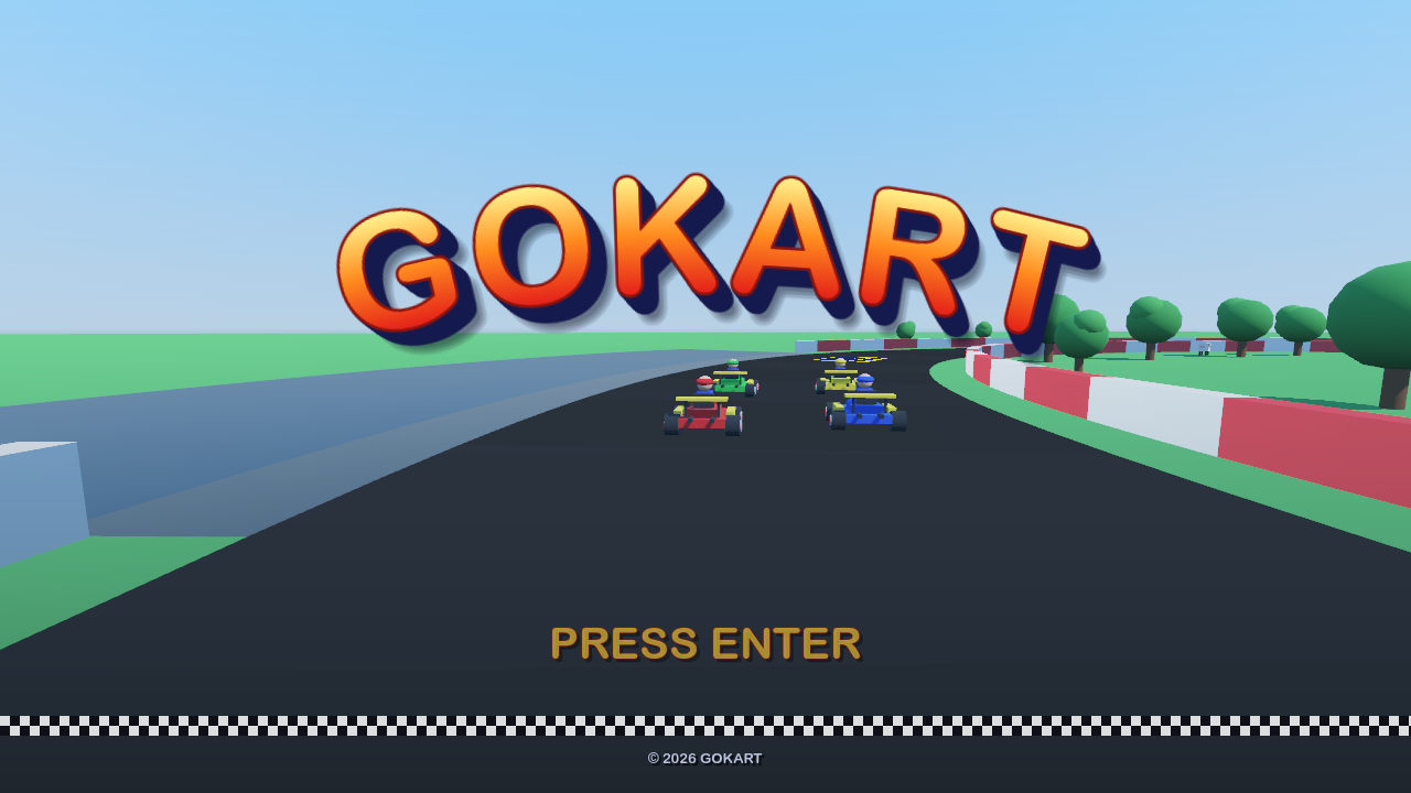 La pantalla de título de GoKart 0.0.2: la palabra GOKART dispuesta en un arco con grandes letras en degradado de amarillo a rojo, laterales de bloque azul marino y una sombra suave, sobre una demo de atracción en vivo de karts de la CPU dando vueltas a un circuito, con PRESS ENTER debajo.