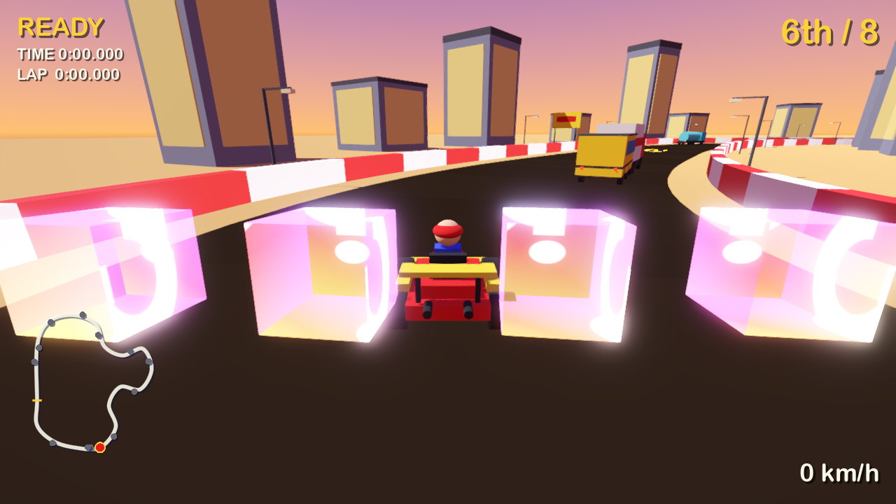 GoKart 0.0.2 en Sunset Speedway: el kart del jugador atrapado detrás de un autobús y un camión de caja con los faros encendidos en los dos carriles de la carretera, bajo el cielo de atardecer.
