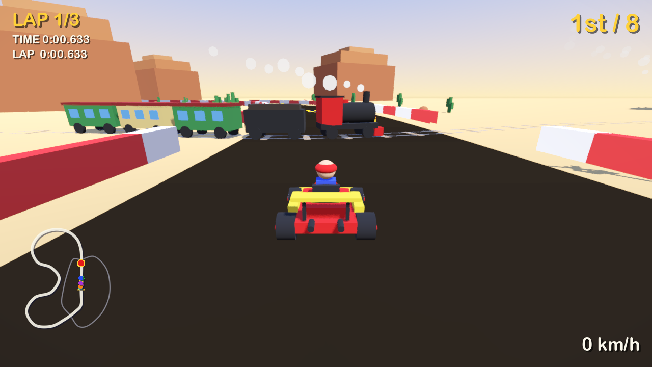 GoKart 0.0.2 en Dusty Canyon: el kart del jugador esperando en un paso a nivel mientras un tren de vapor cruza la carretera, con una señal de cruz de San Andrés junto a la vía, bajo un cielo desértico.