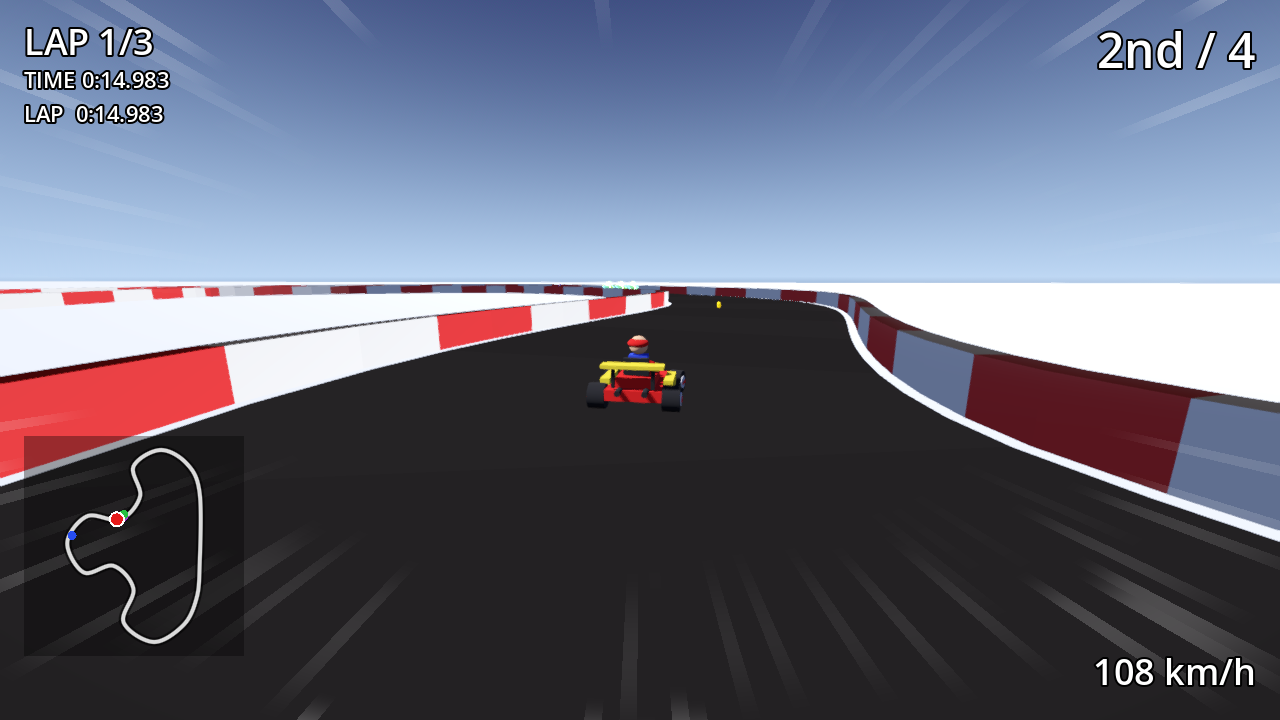 GoKart auf der Strecke Frosty Peaks: das Spieler-Kart mit Vollgas auf einem schneeweißen Kurs unter einem dunkelblauen Dämmerungshimmel. Das HUD zeigt Platz 2, Runde 1, die Geschwindigkeit in km/h und die Minimap.