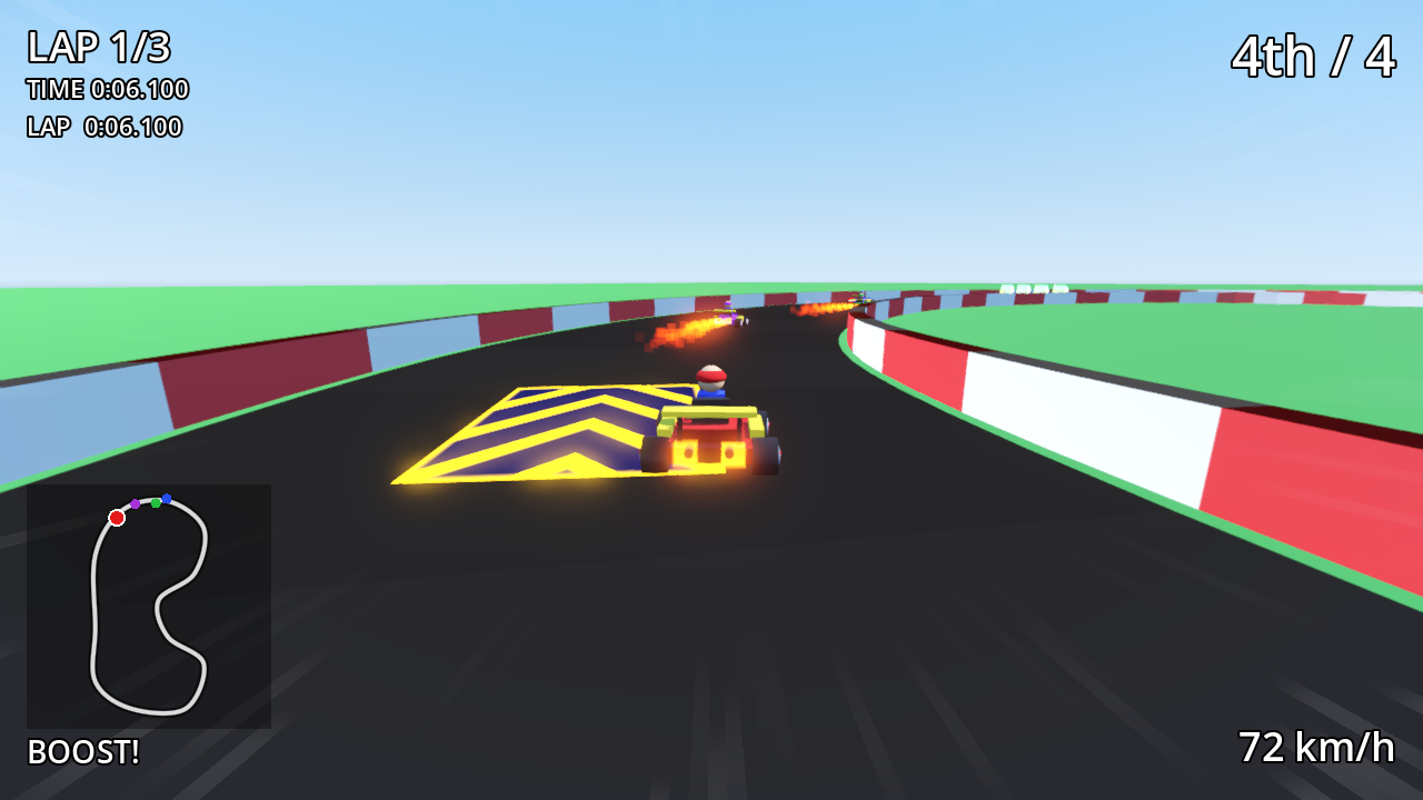 GoKart on the Green Hills track: a chase-camera view of the player kart hitting a yellow-and-blue chevron boost pad on a grey road with red and white striped walls, green ground and blue sky, with flame trails from the karts ahead. The HUD shows 4th of 4, lap 1, a track minimap in the bottom-left corner, BOOST! and 72 km/h.