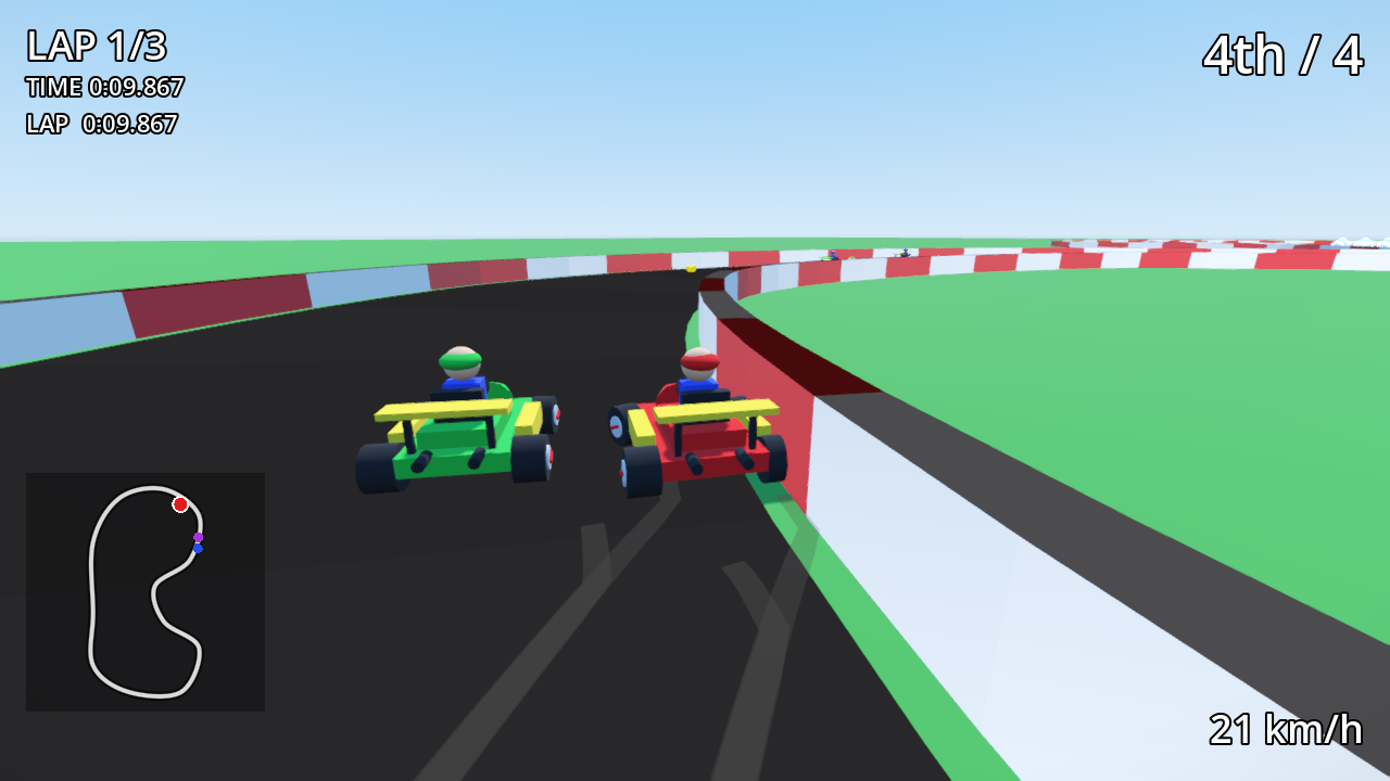 GoKart on the Green Hills track: the player kart in 4th of 4, ten seconds into lap 1, right behind a green kart and a red kart on a grey road with red and white striped walls. The HUD shows lap, time and a minimap in the bottom-left corner and 21 km/h in the bottom-right.