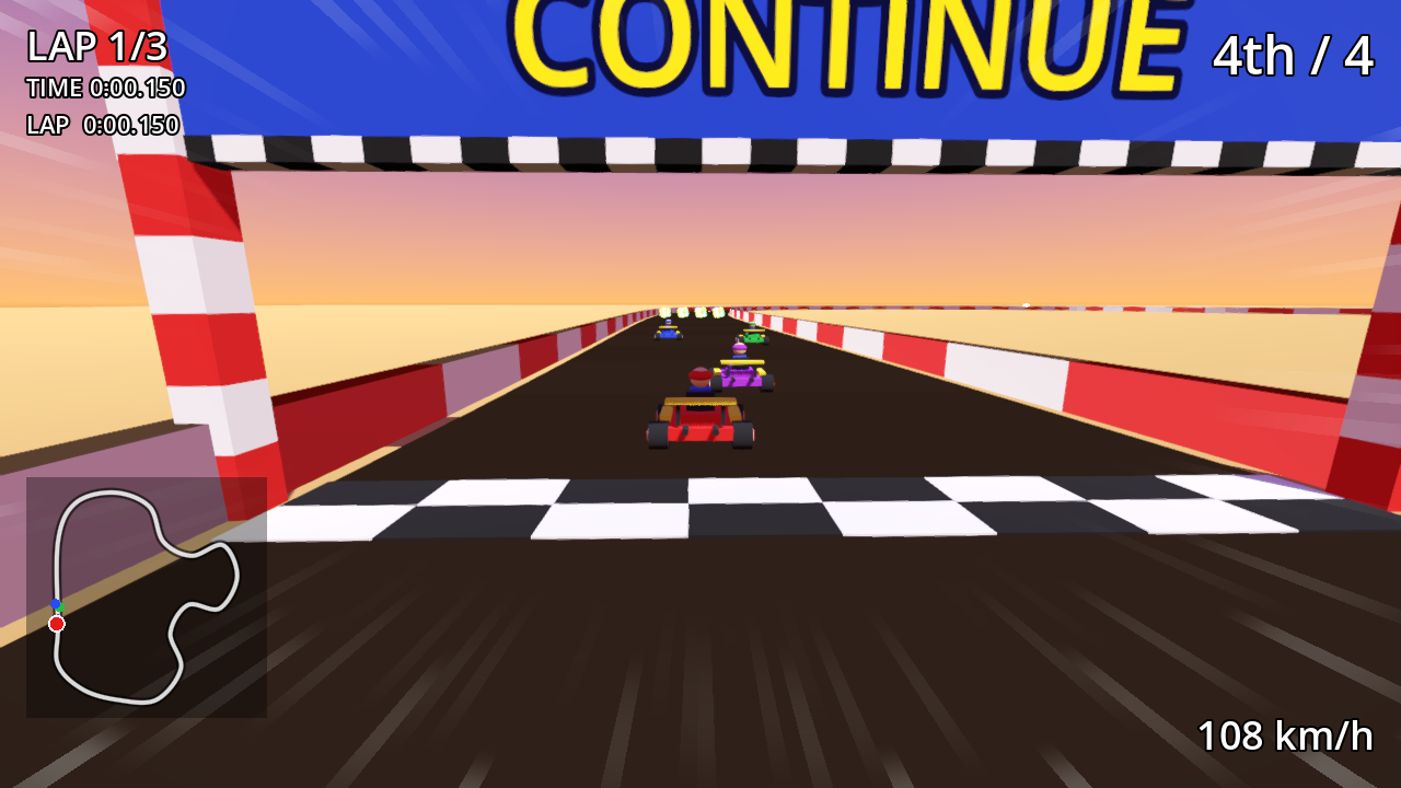 GoKart auf der Strecke Sunset Speedway: das Spieler-Kart mit Vollgas auf einem sandigen Kurs unter einem Sonnenuntergangshimmel von Orange bis Violett. Das HUD zeigt Platz 4, Runde 1 und den Minimap-Umriss einer langen Strecke mit einer Haarnadelkurve.