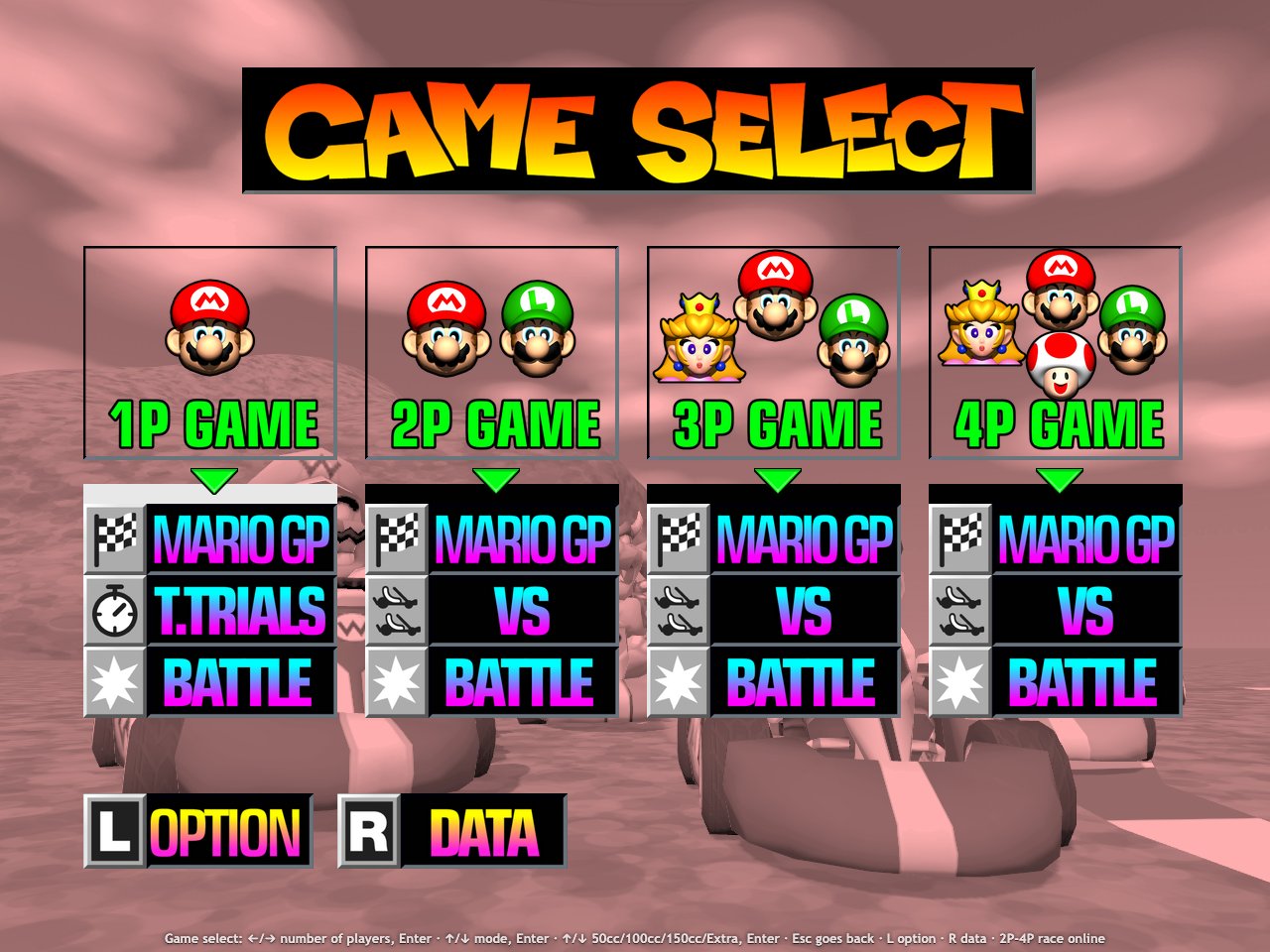 L'écran de sélection du jeu de MarioKart64JS avec son fond du mode 3D.