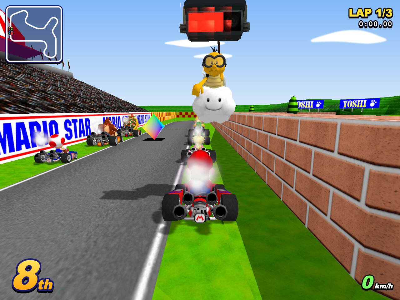MarioKart64JS en mode 3D, en course sur Mario Raceway avec des karts 3D.