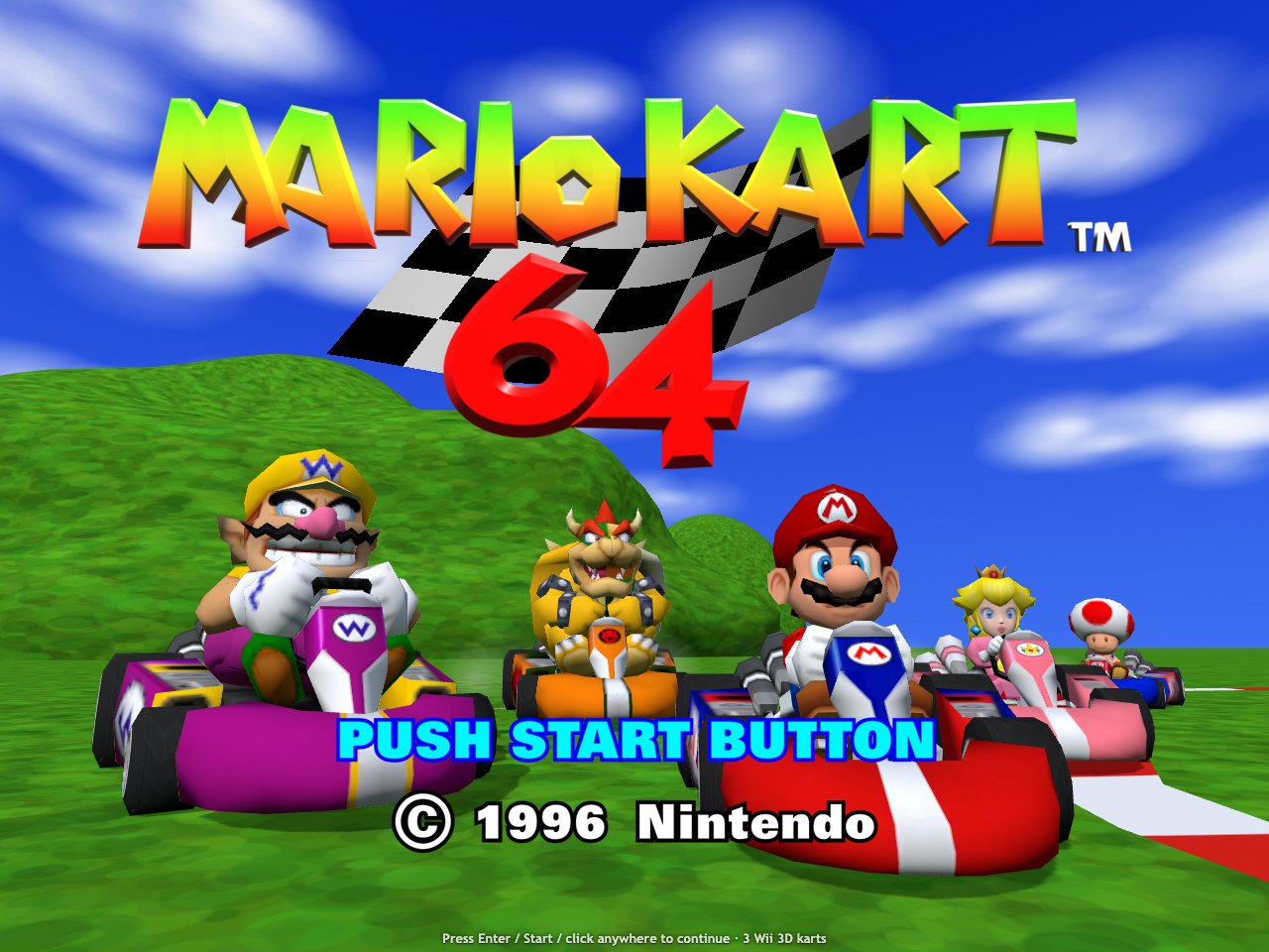 L'écran titre 3D de MarioKart64JS : Wario, Bowser, Mario, Peach et Toad dans des karts 3D roulant vers la caméra sous le logo de Mario Kart 64.