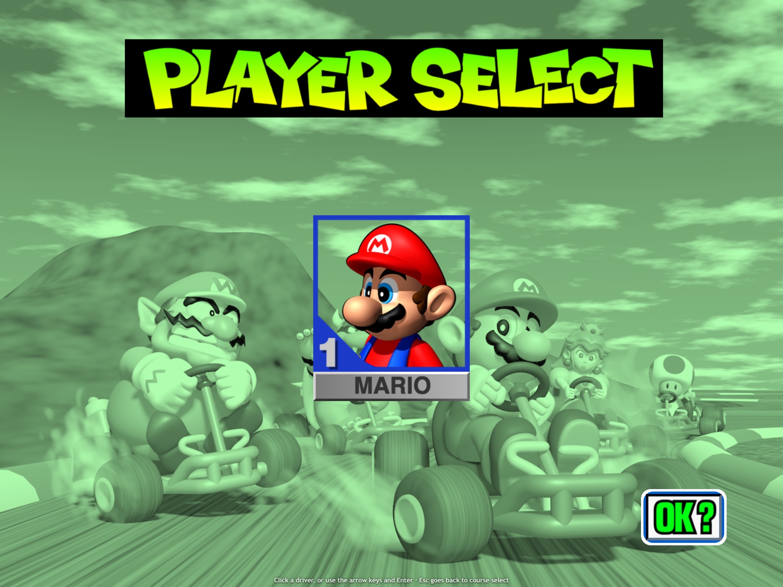 Экран выбора персонажа MarioKart64JS в нативном разрешении с HD-пакетом текстур 4x.