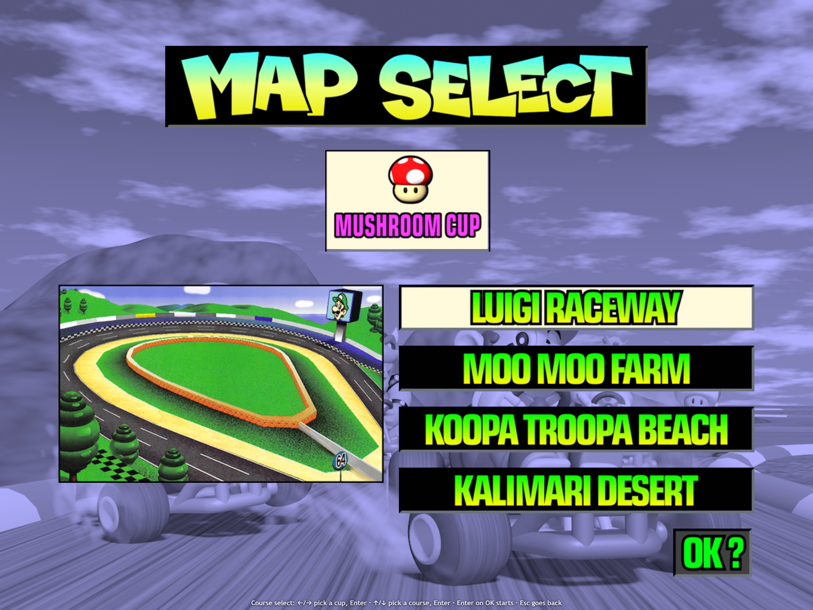 Экран выбора трассы MarioKart64JS в нативном разрешении с HD-пакетом текстур 4x.