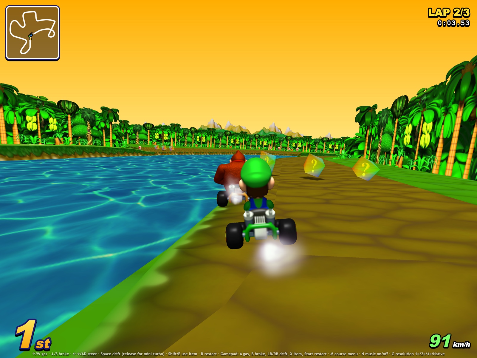 Гонка в MarioKart64JS на D.K.'s Jungle Parkway в нативном разрешении с HD-пакетом текстур 4x.