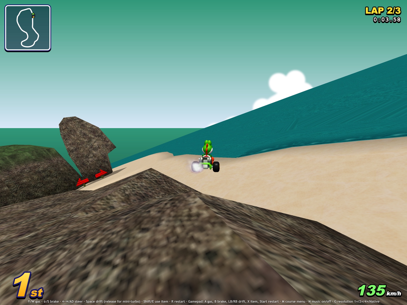 Гонка в MarioKart64JS на Koopa Troopa Beach в нативном разрешении с HD-пакетом текстур 4x.