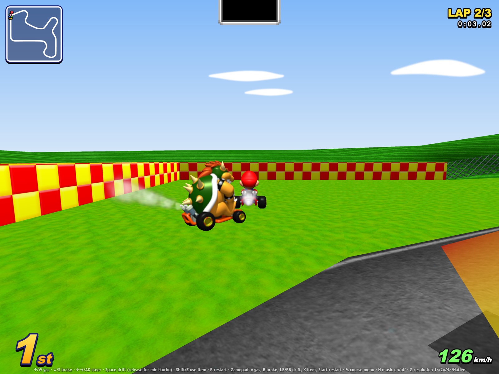 Гонка в MarioKart64JS на Mario Raceway в нативном разрешении с HD-пакетом текстур 4x.