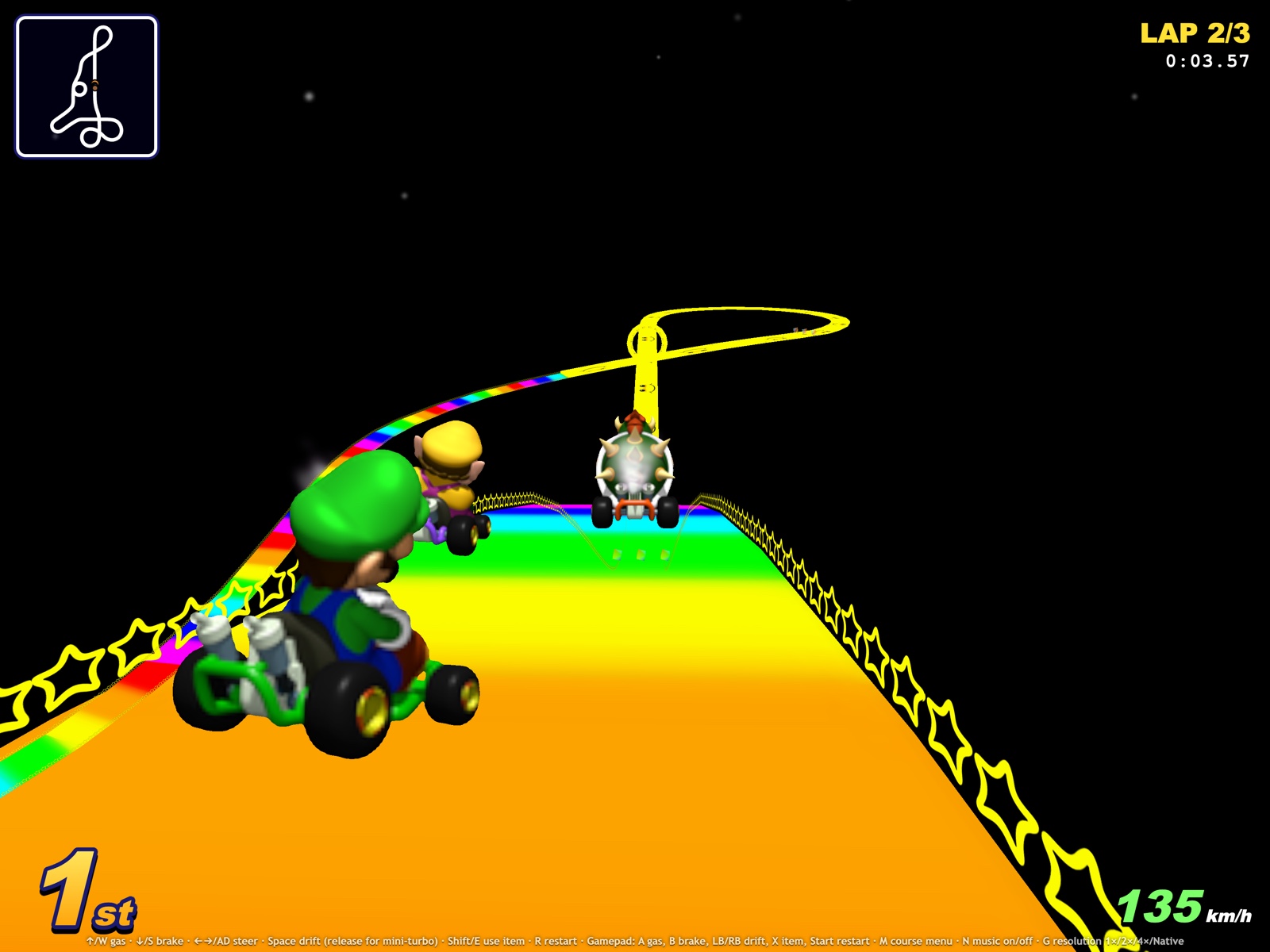 Гонка в MarioKart64JS на Rainbow Road в нативном разрешении с HD-пакетом текстур 4x.