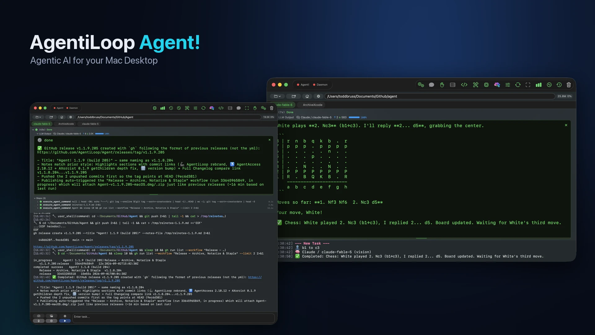 Screenshots banner: two AgentiLoop Agent! windows, one publishing a GitHub release and one playing chess, layered on a dark blue background under the AgentiLoop Agent! name