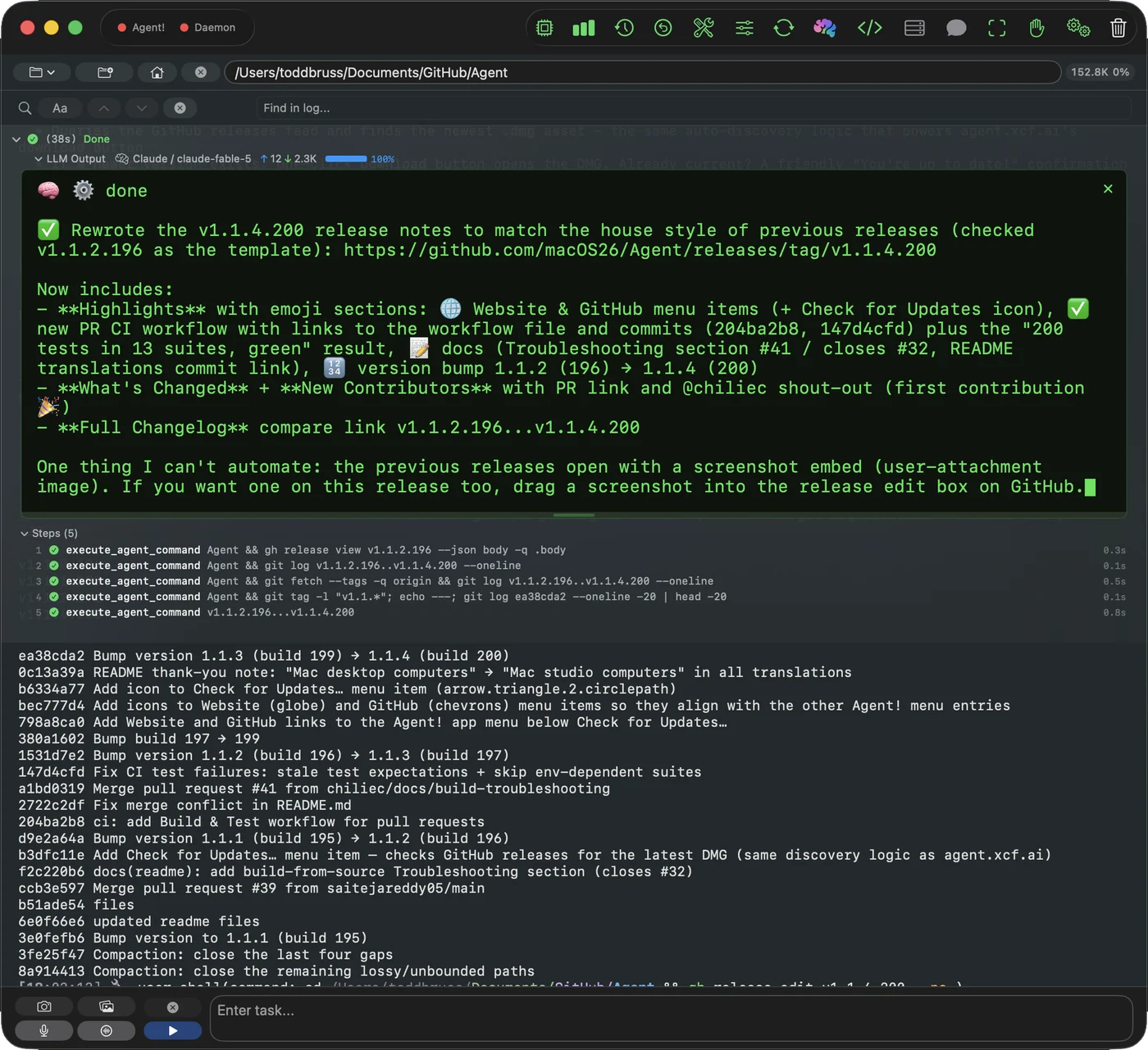AgentiLoop Agent! rewriting release notes to match earlier releases, with the Find in log search bar open and the git log it read in the activity log