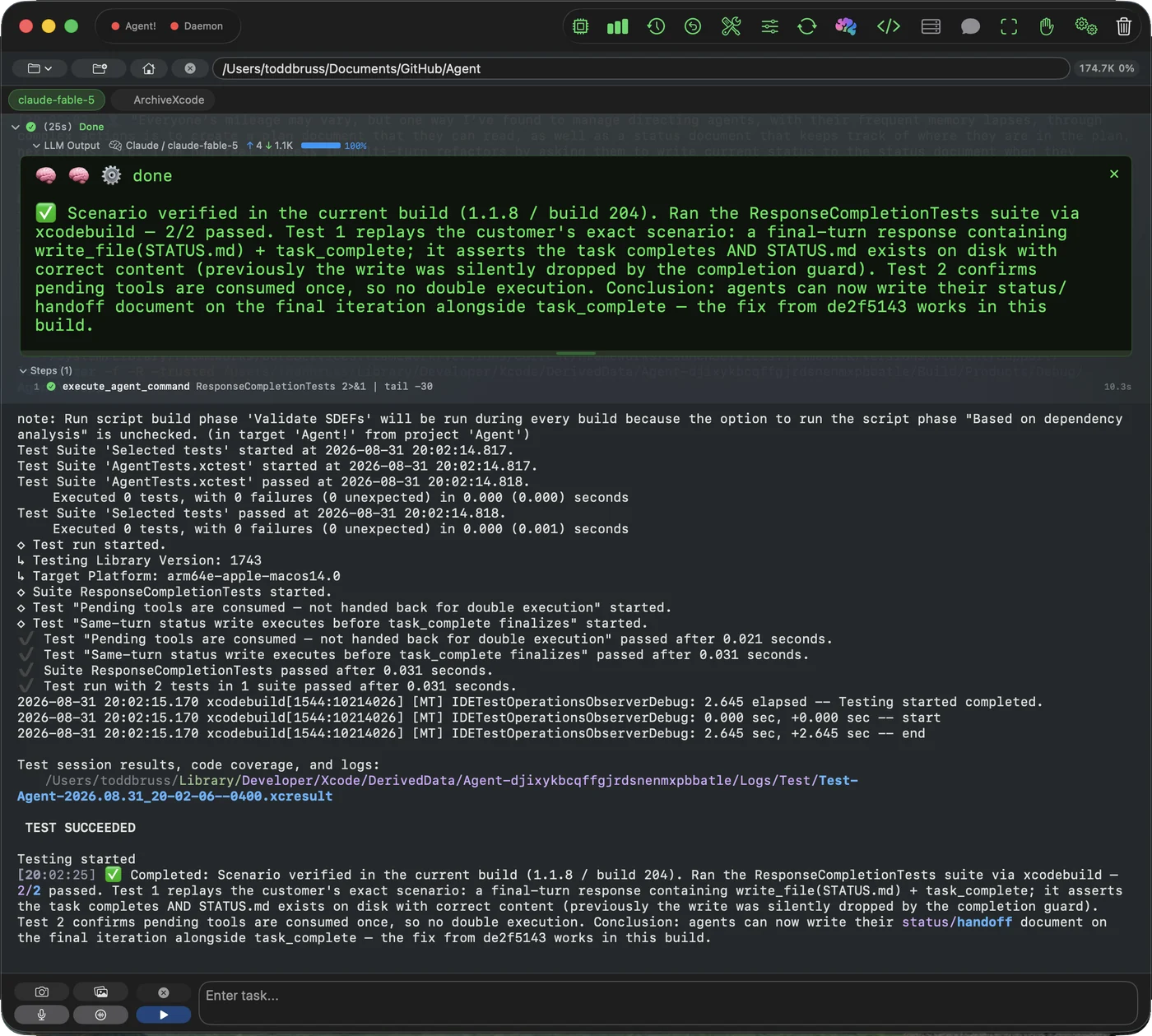 AgentiLoop Agent! running the ResponseCompletionTests suite with xcodebuild to verify a fix, with the test output and a green TEST SUCCEEDED line in the activity log