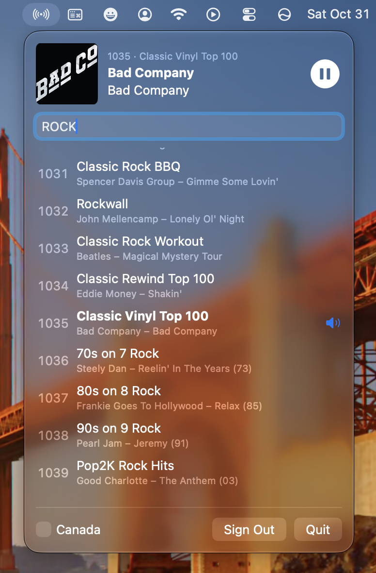 The StarPlayrX channel list in the menu bar.