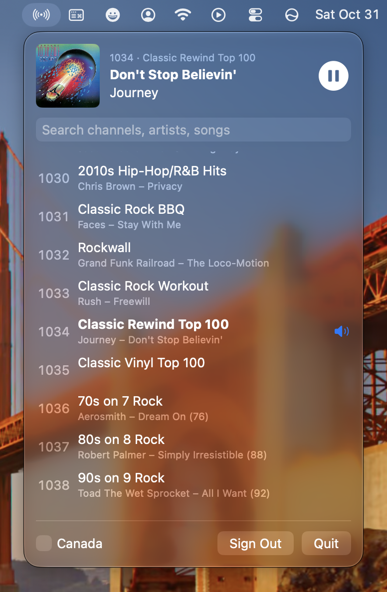The StarPlayrX menu bar app playing Don't Stop Believin' by Journey on Classic Rewind Top 100, channel 1034, above a searchable channel list showing what's playing on each channel.